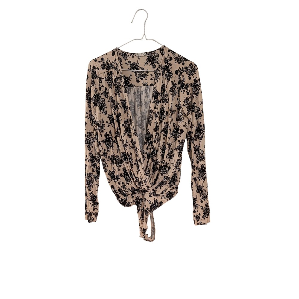 Free People Bodysuit Womens Small Beige Black Floral Long Sleeve Wrap Front